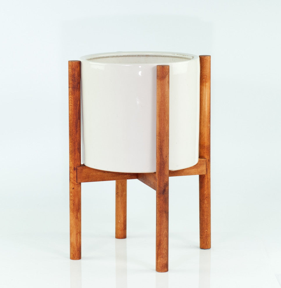 Large Ceramic Cylinder Pot 10" White With Wood Plant Stand Walnut Color