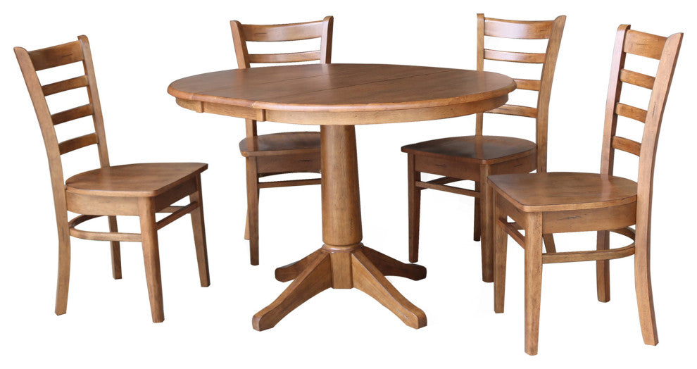 36" Round Extension Dining Table With Emily Chairs, Distressed Oak, 5 Piece
