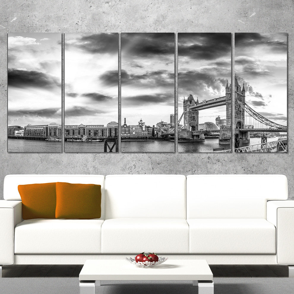 "Black and White View of London" Panorama Cityscape Wall Art, 60"x28", 5-Panels