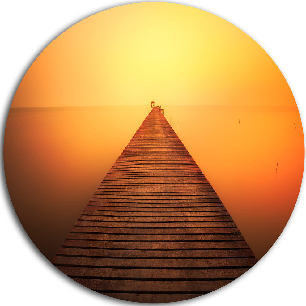 Old Wooden Bridge Into Infinity Sea, Seascape Disc Metal Wall Art, 36"