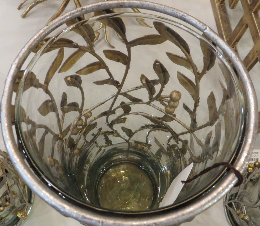 Tall 8" Leaf Berry Pillar Candle Holder, Metal Hurricane Leaves Branches