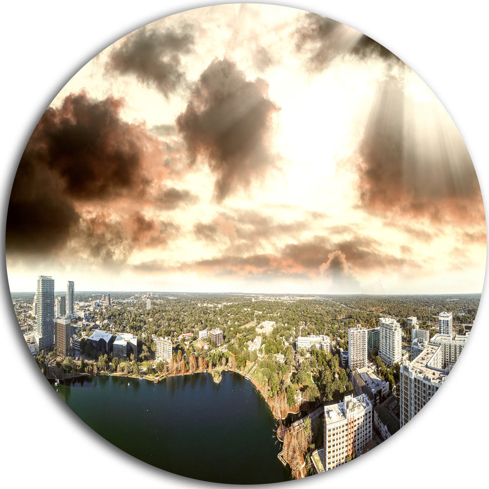 Downtown Orlando Sunset Aerial, Seascape Disc Metal Wall Art, 36"