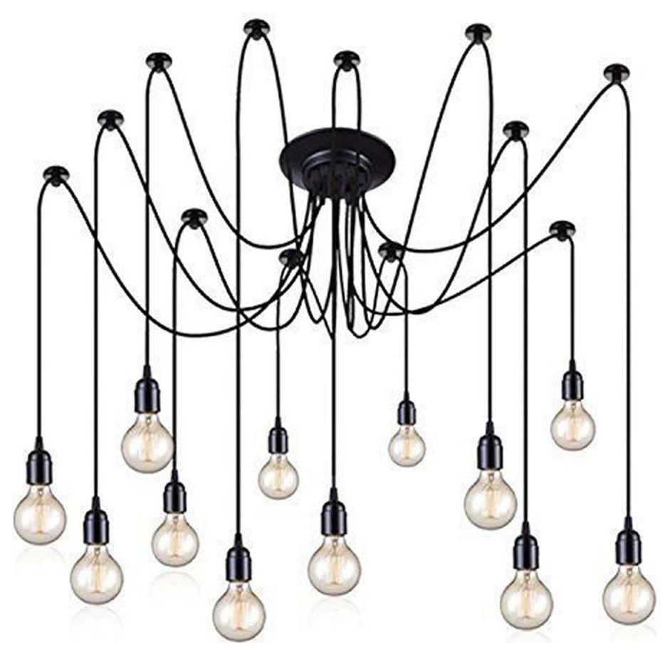 Black Industrial Edison Spider Chandelier Pendant Lights, Adjustable, 14 Lights