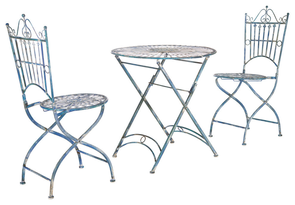 Safavieh Belen Bistro Set, One Table and Two Chairs Antique Blue