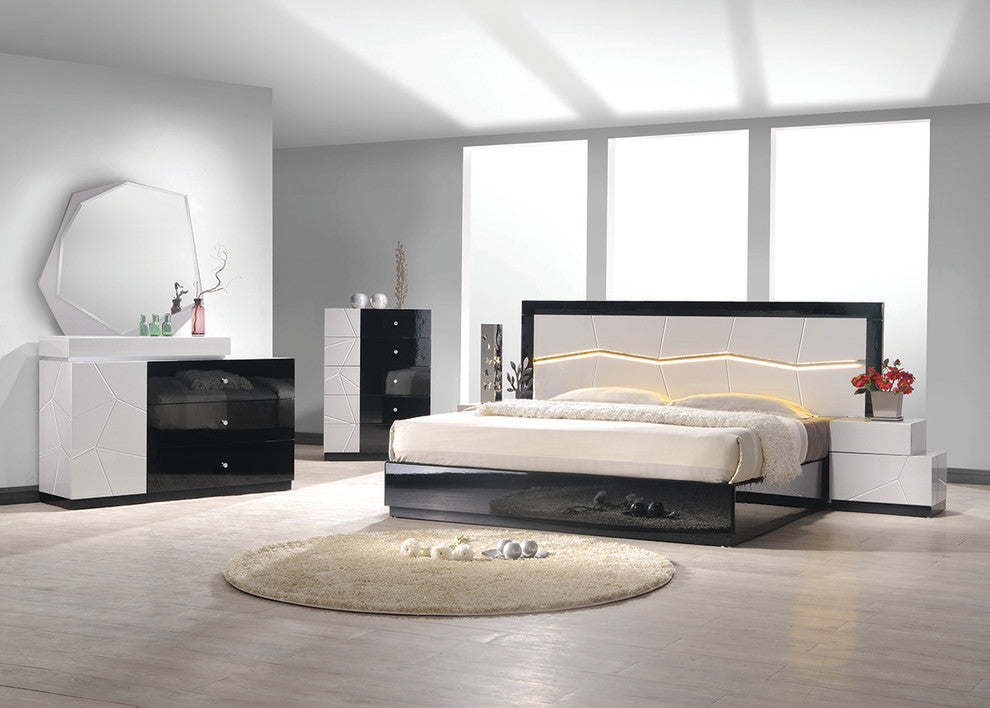 Modern White and Black Platform 5-Piece Bedroom Set, LED Light, Queen/King