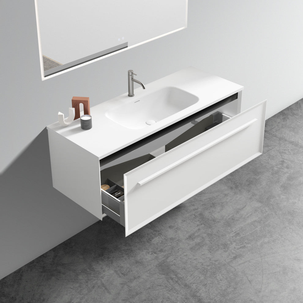 Nevia Wall Mounted Floating Bathroom Vanity with White Solid Surface Sink, 48"