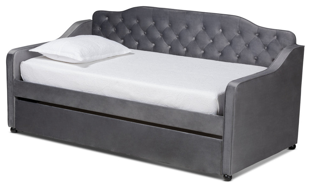 Hadgeon Gray Velvet Twin Daybed With Trundle
