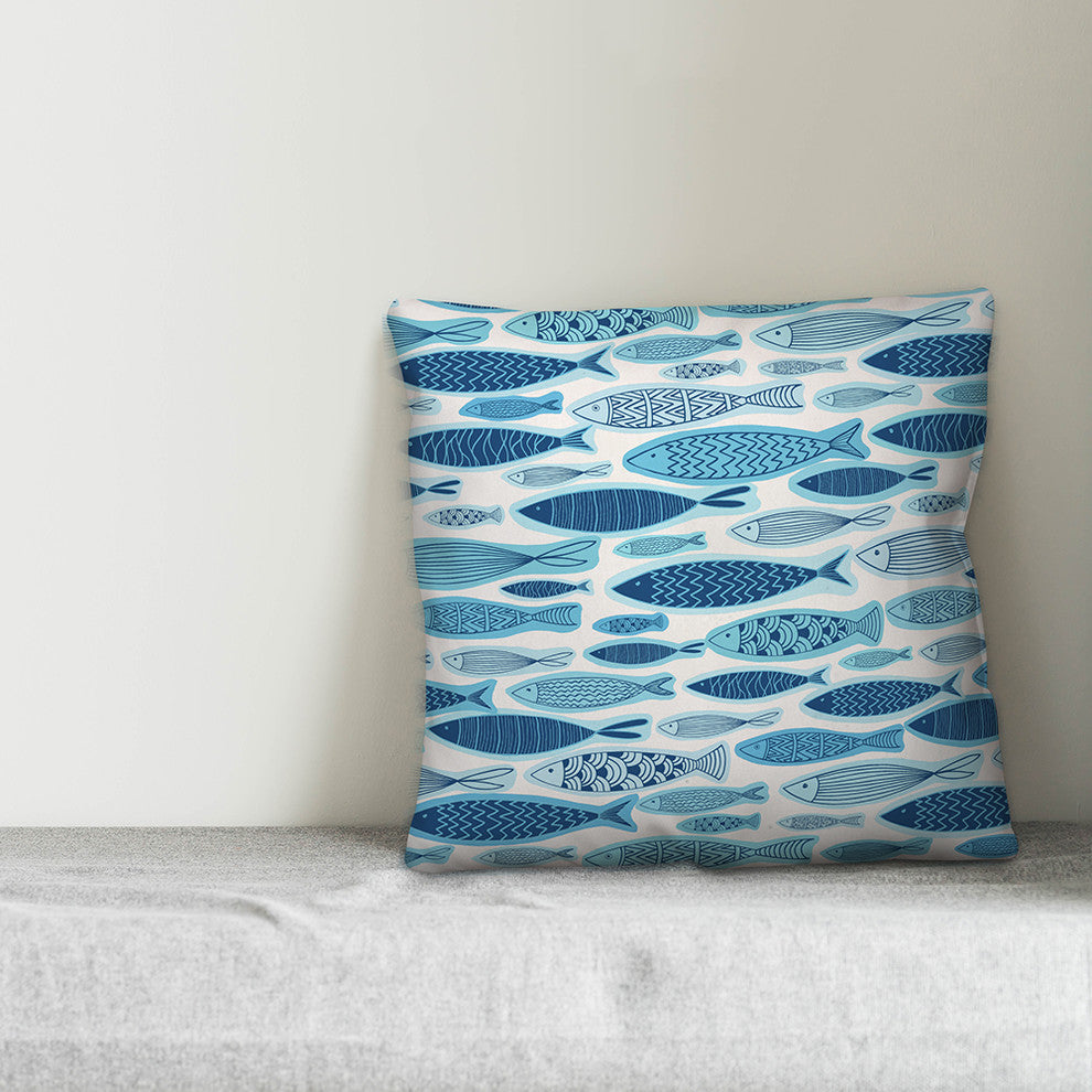 Blue School Of Fish Pattern 16x16 Throw Pillow