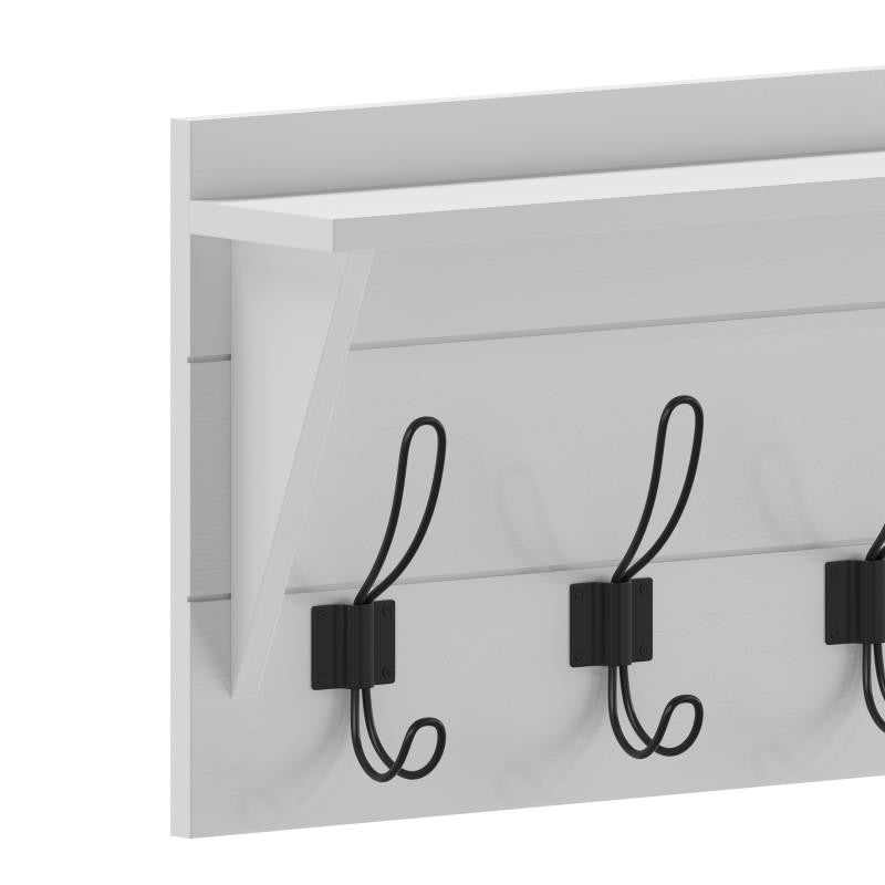 Daly Wall Mounted Solid Pine Wood Storage Rack With Upper Shelf and 5 Hooks, Solid White