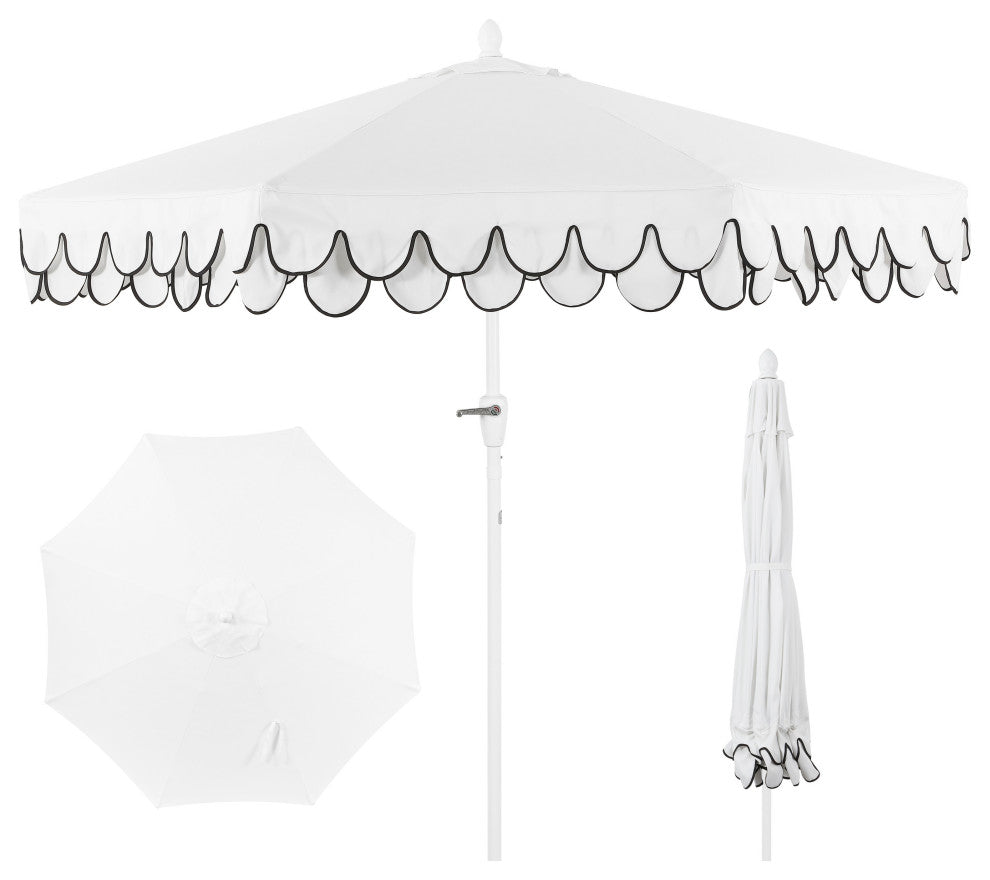 9ft Fringe Patio Umbrella Auto-Tilt, Crank, White, 107L x 107W x 99H