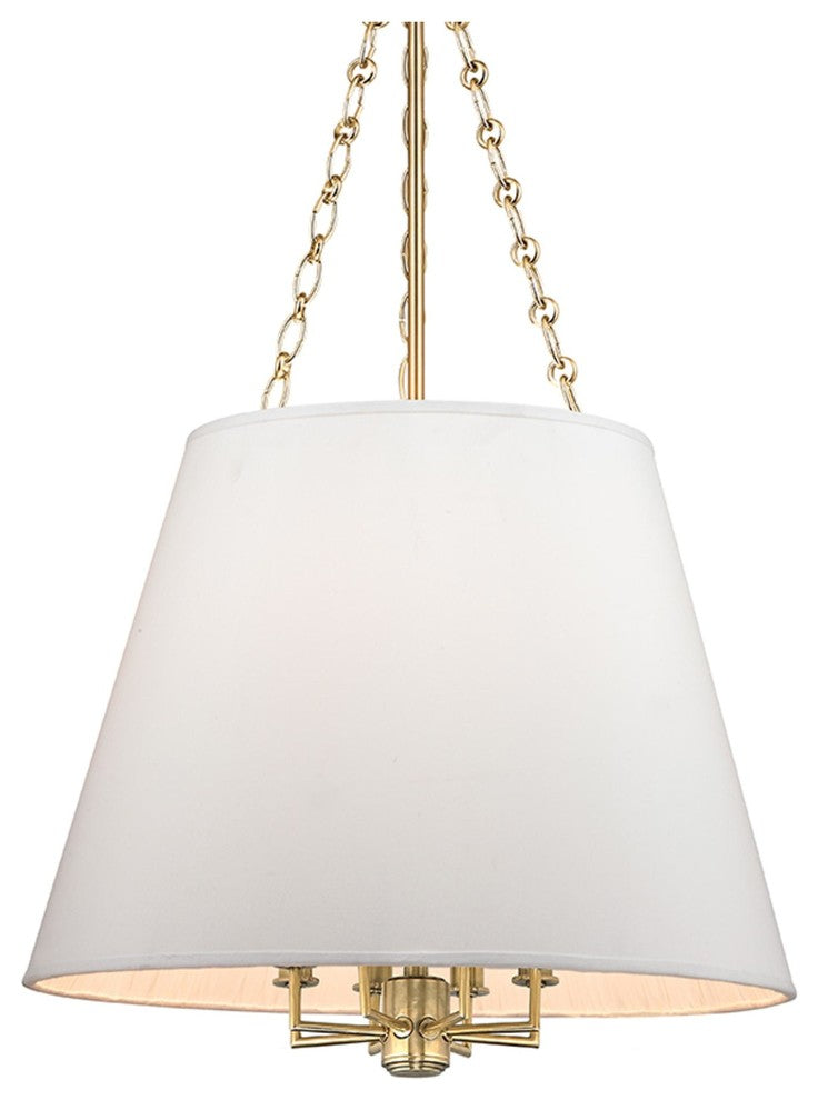 Burdett, Eight Light Pendant, Aged Brass Finish, White Faux Silk Shade