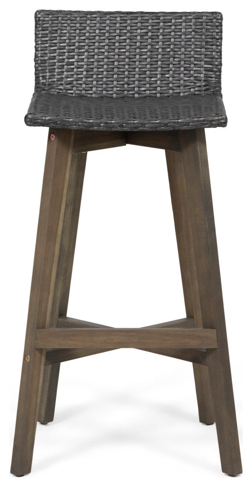 Jessie Outdoor Wood and Wicker Barstool, Set of 4, Gray, Gray Finish