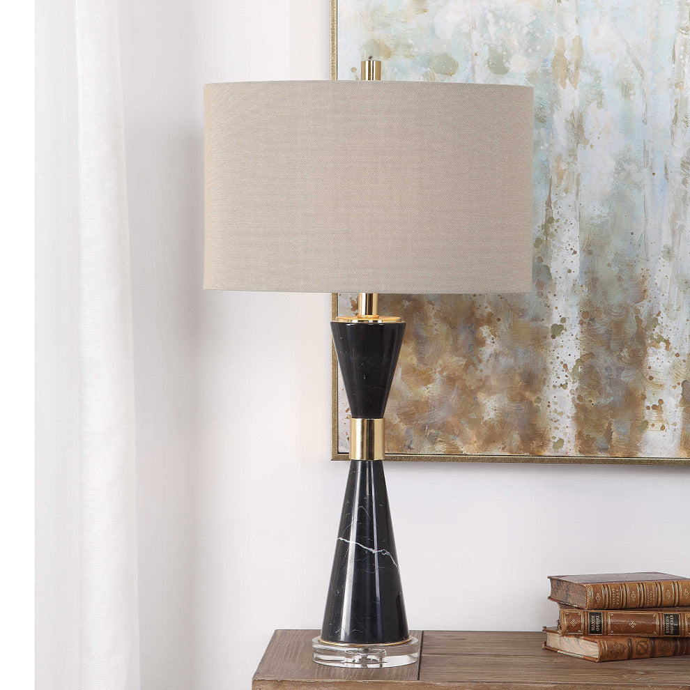 Elegant Black White Marble Table Lamp | Round Silver Tapered Tuxedo Hourglass