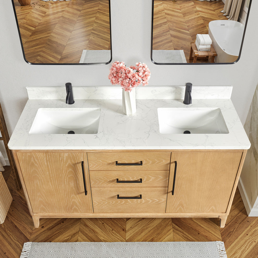 Gara Bath Vanity, Stone Top, Washed Ash Grey, 60", Double Vanity, No Mirror