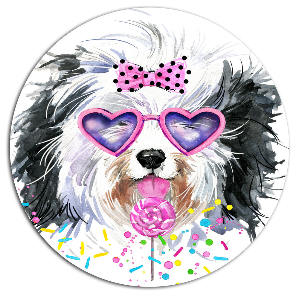 Lovely Dog With Pink Heart Glasses, Animal Round Metal Wall Art, 23"
