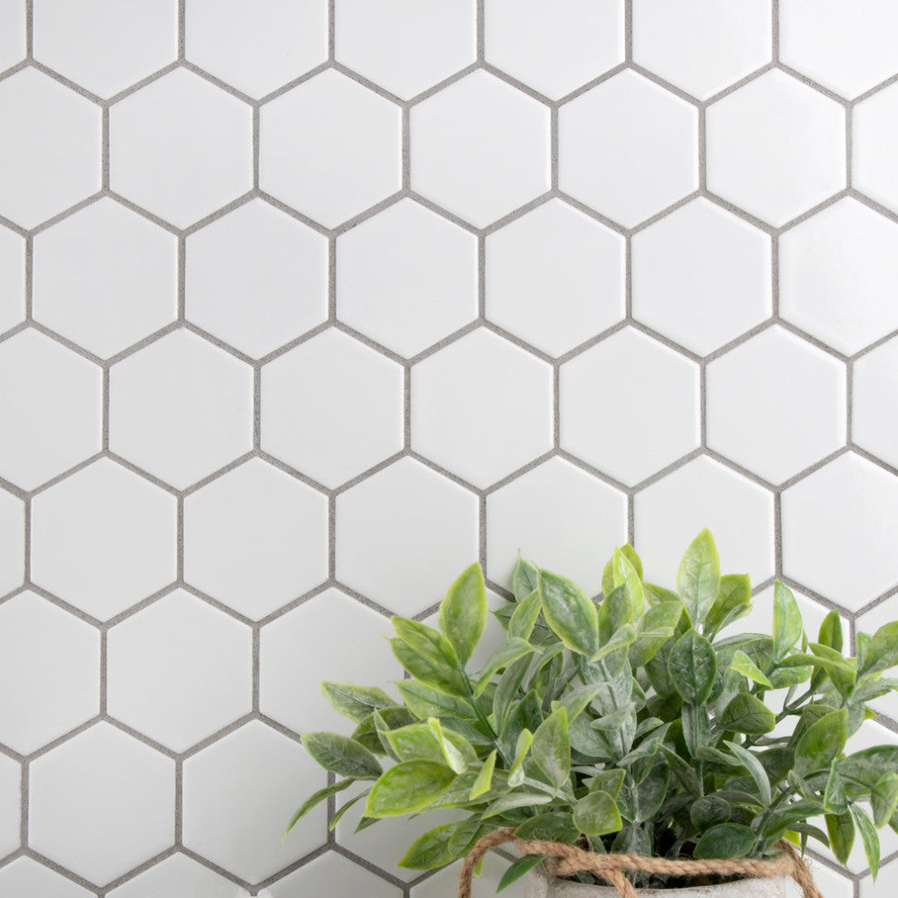 Metro Hex Matte 2" Porcelain Mosaic Floor and Wall Tile, Matte Grey, Glossy White