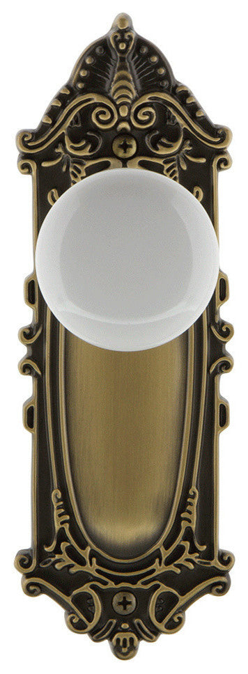 Victorian Plate Passage Poreclain Door Knob, Antique Brass