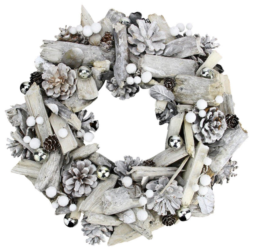 13" White Driftwood and Pine Cone Artificial Christmas Wreath, Unlit