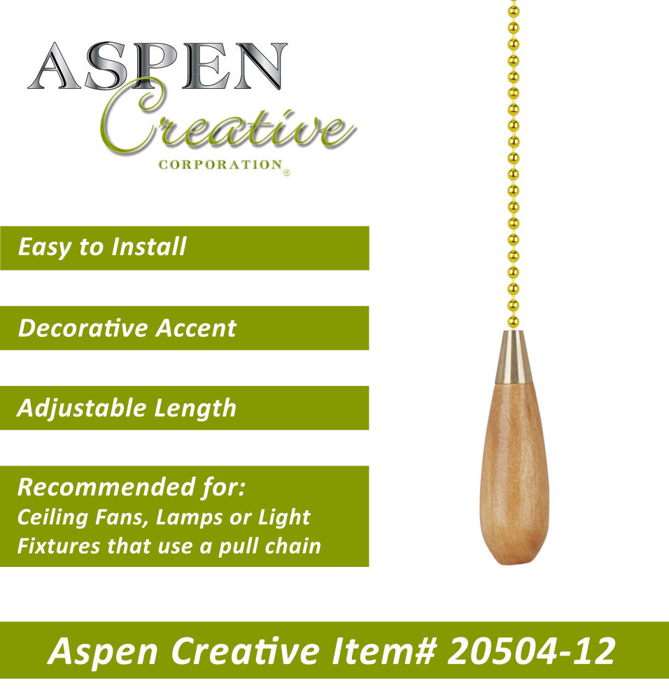 Aspen Creative 20504-X, 12" Wooden Knob Pull Chain with Polished Brass Accents,