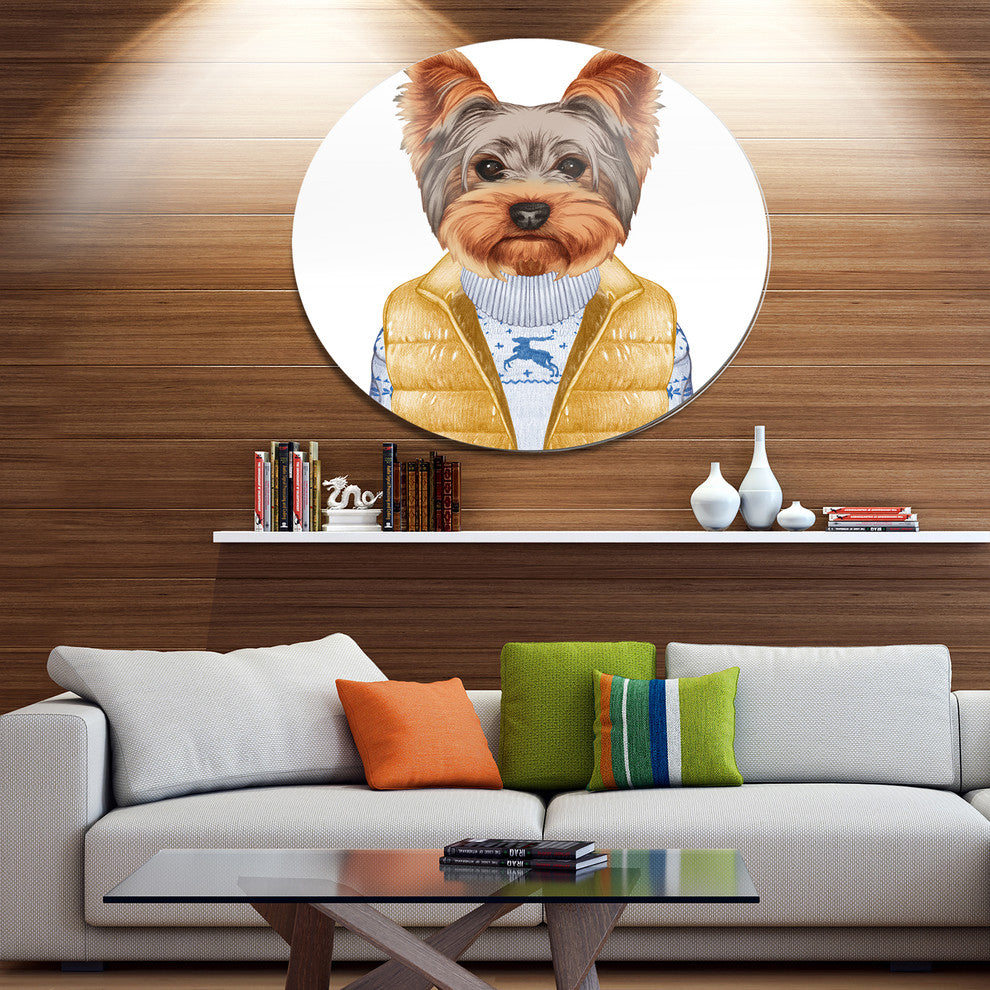 Terrier In Down Vest And Sweater, Modern Animal Disc Metal Artwork, 23"