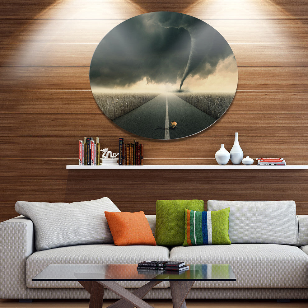 Yellow Rose On The Dark Road, Landscape Round Metal Wall Art, 11"