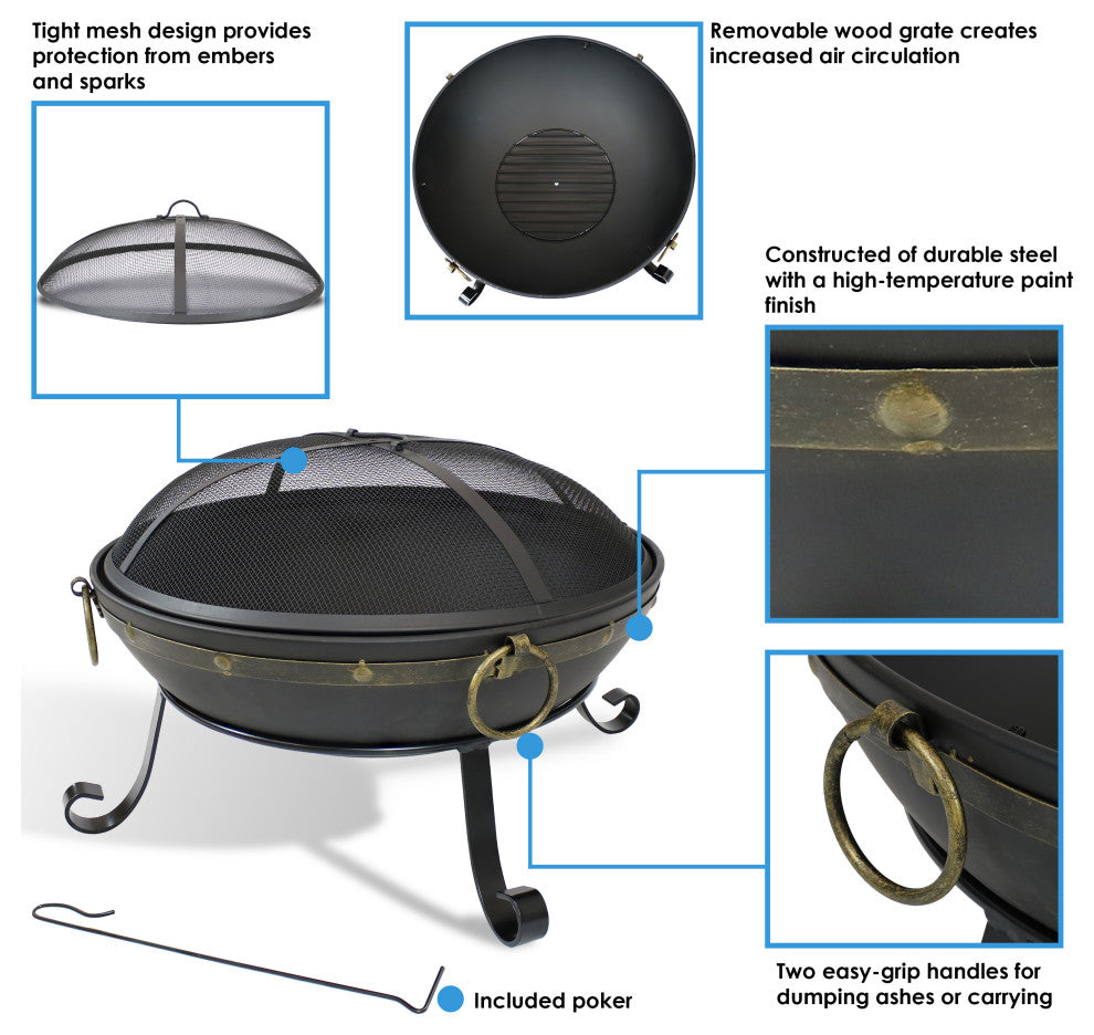 Sunnydaze 25" Fire Pit Steel Victorian Design With Handles and Spark Screen