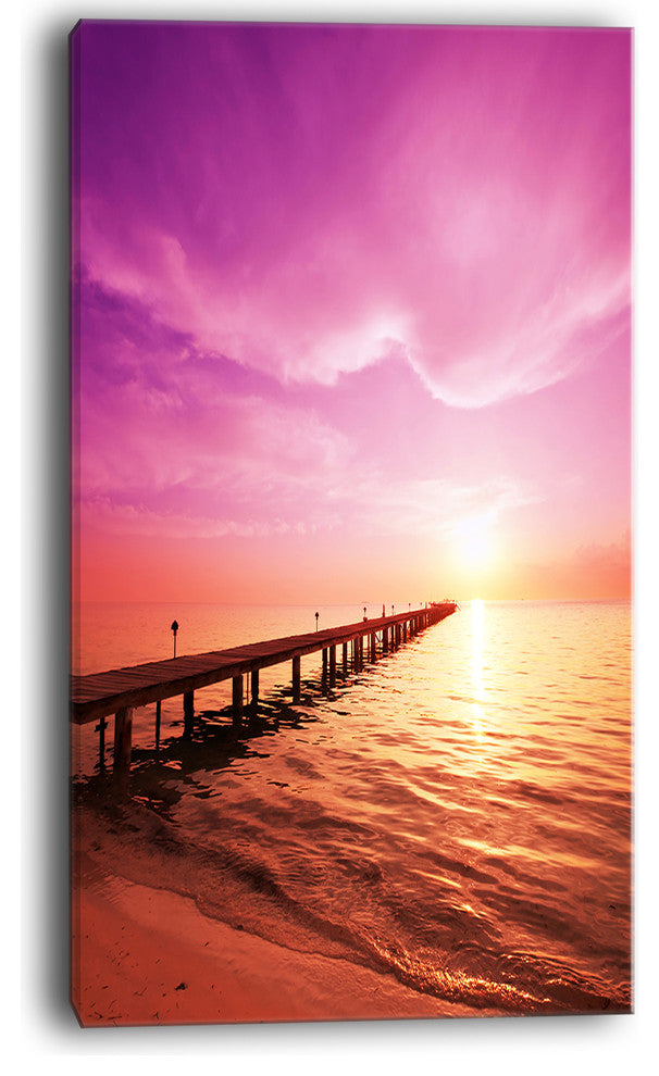 "Brown Sea And Pier Under Magenta Sky" Large Sea Bridge Canvas Print, 16"x32"