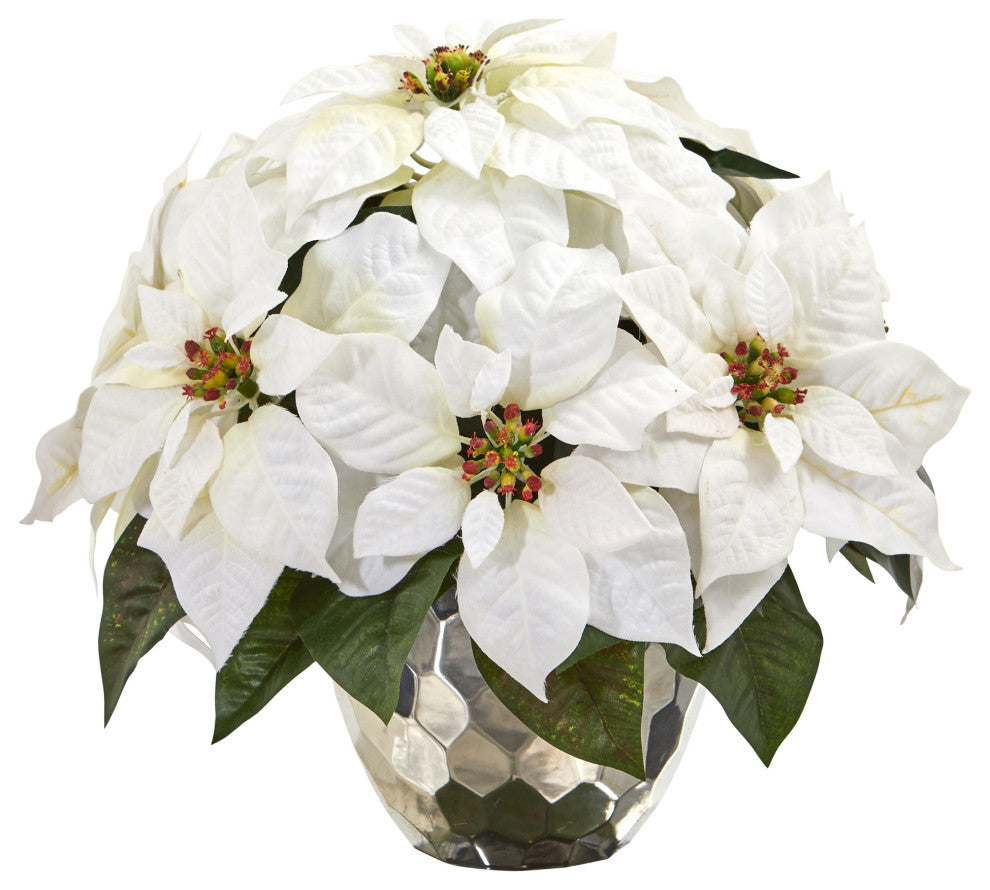 14" Poinsettia Artificial Arrangement, Designer Silver Bowl