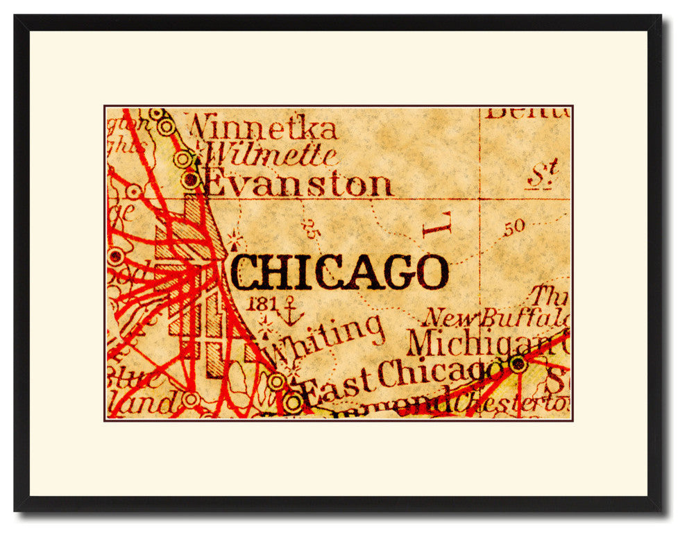 Chicago, Illinois Vintage Map Print On Canvas With Picture Frame 16" X 21"