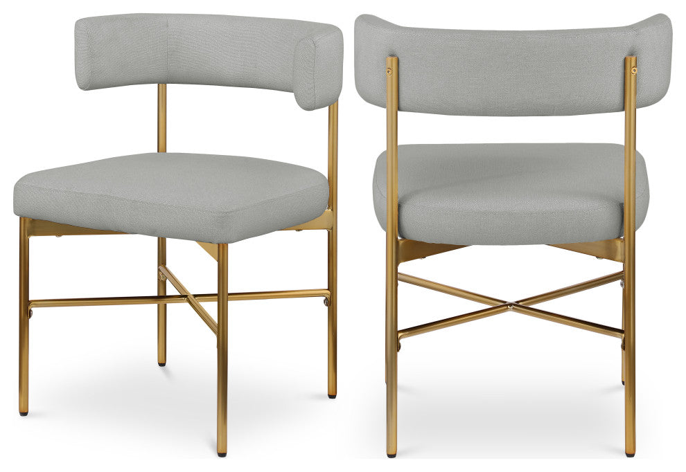 Rivage Durable Linen Textured Fabric Dining Chair, Set of 2, Grey, Brushed Gold Finish