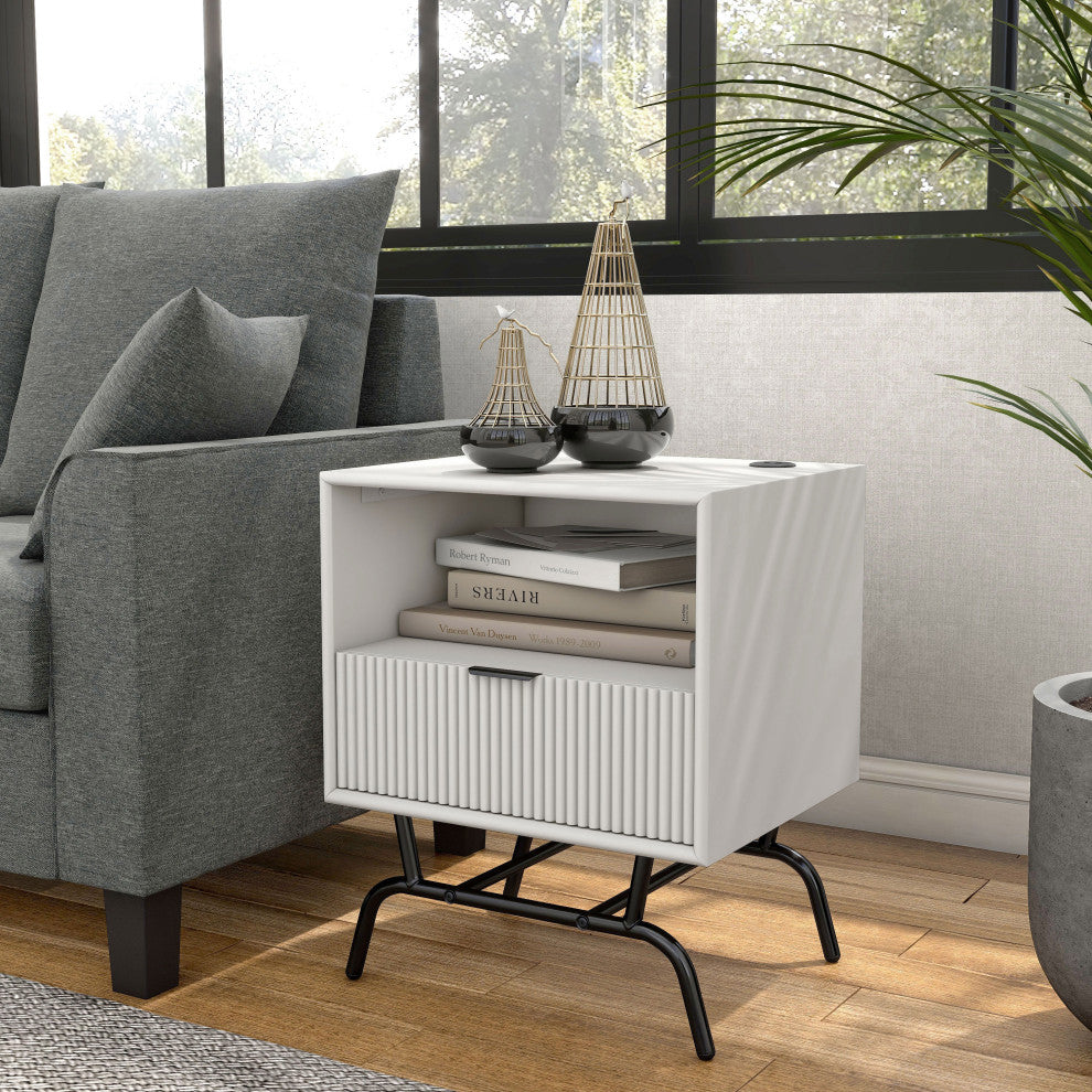 Danel Modern 18" Rectangle End Table With Drawer and USB Ports, White