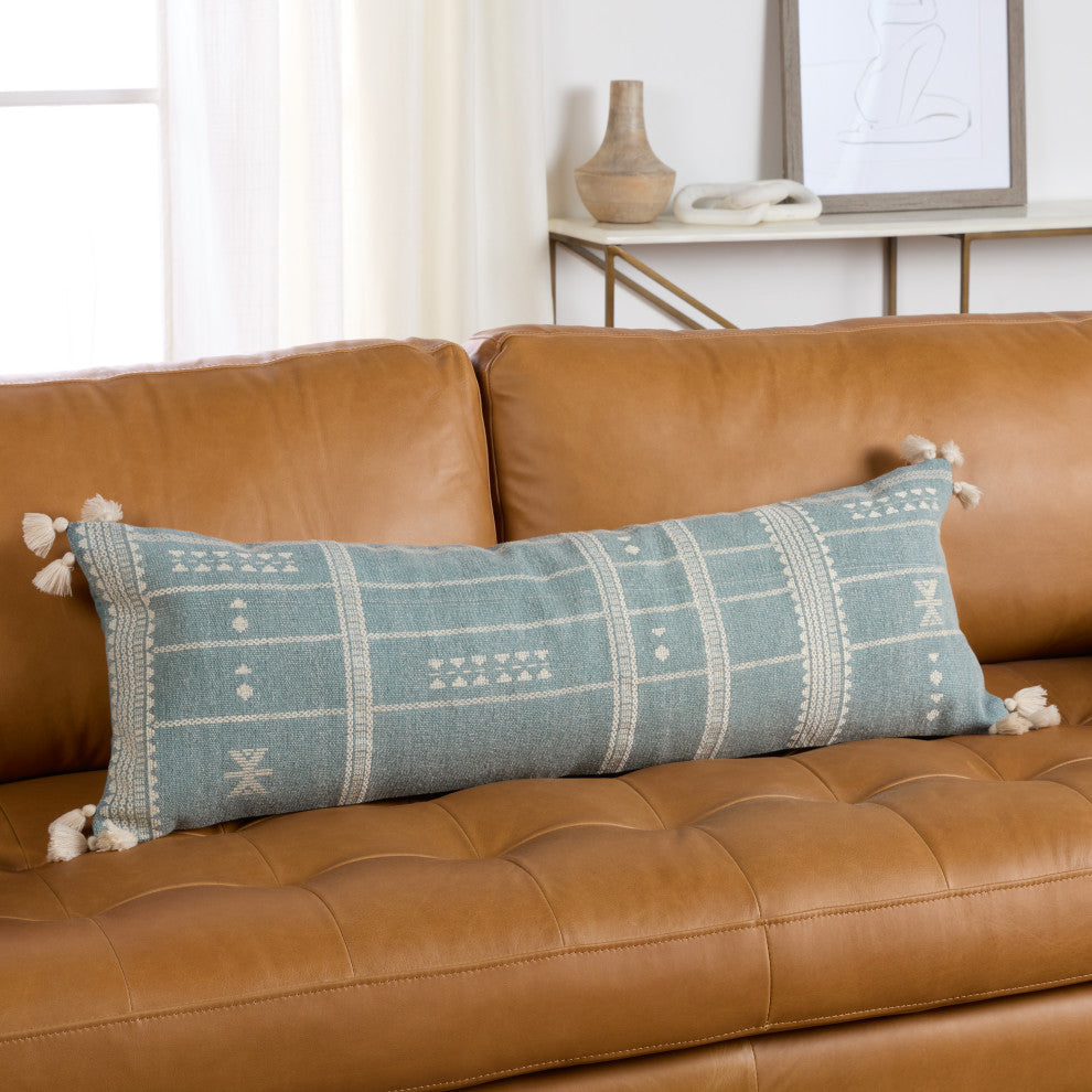 Layal Tribal Sky Blue/ Cream Pillow 13"X40" Lumbar, Down Fill