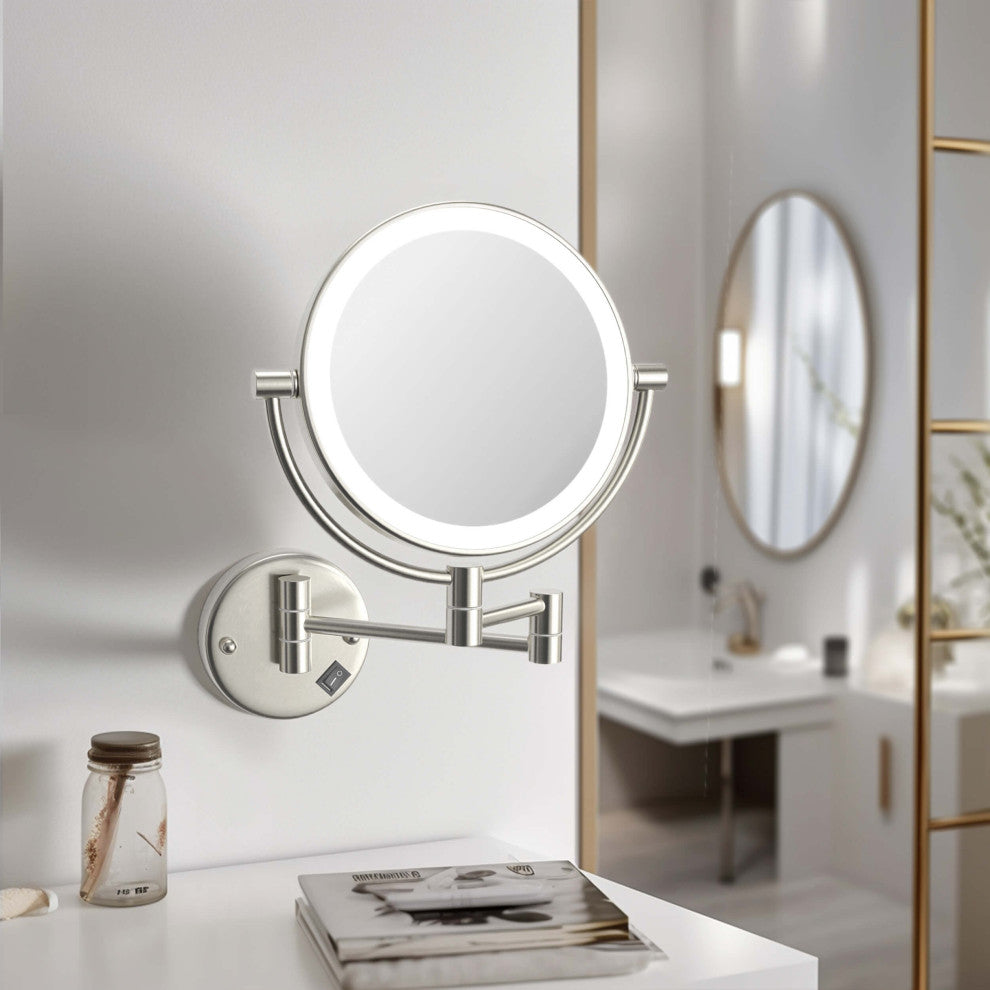 Circular LED Wall Mount Magnifying Make Up Mirror, Brushed Nickel