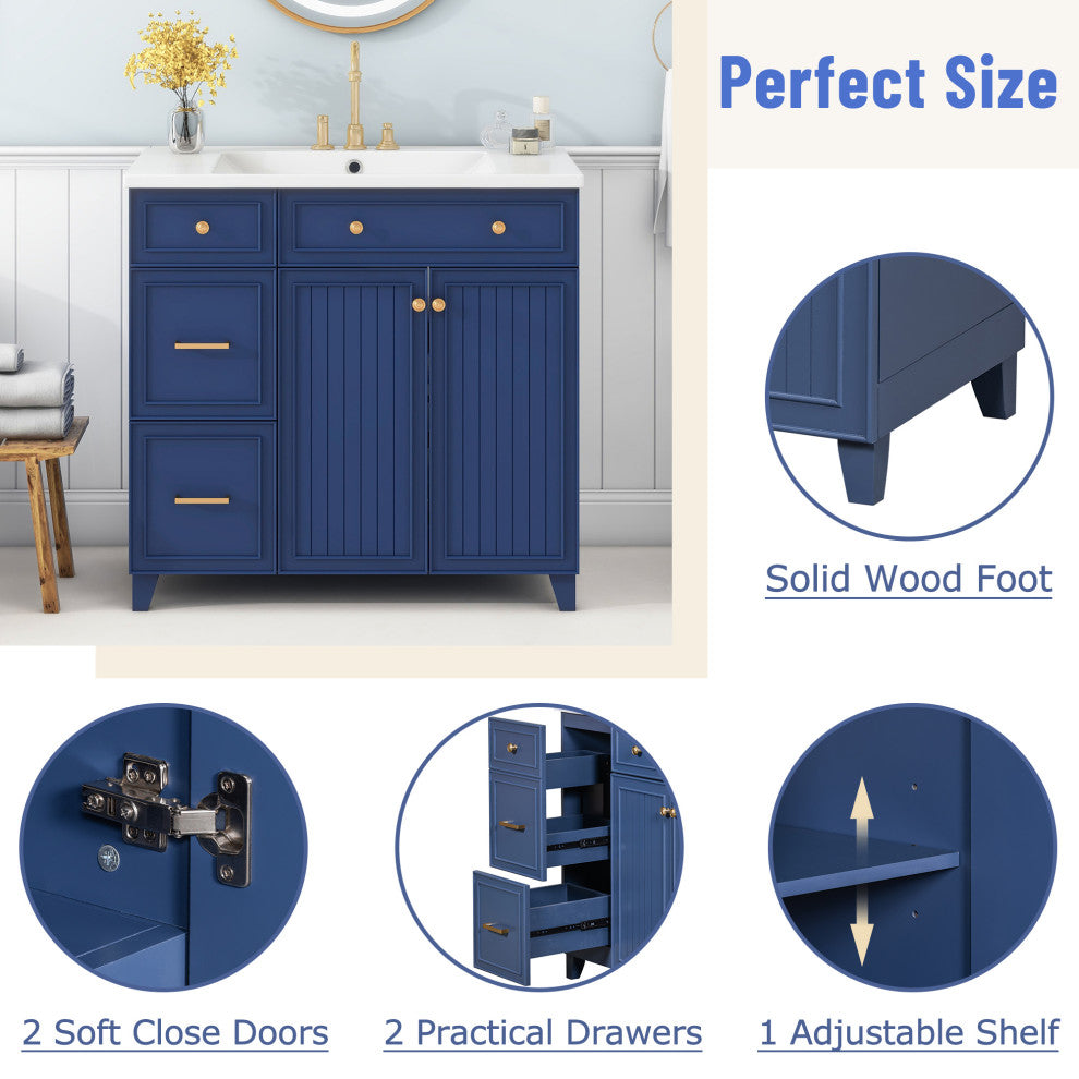 36 Inch Bathroom Vanity, Transitional Style Bathroom Cabinet with Resin Sink, Navy Blue