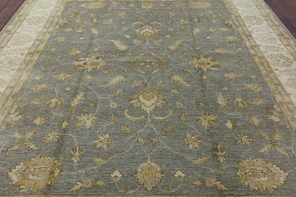 Blue-Gray Oushak Style Chobi Hand-Knotted Wool Oriental Rug, 8'x10'