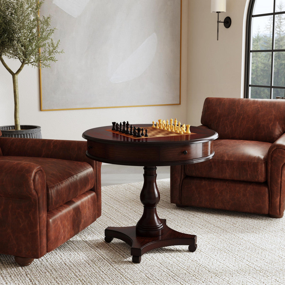 Fredrik 34"D Round Wood 4-Drawer Game Table, Cherry