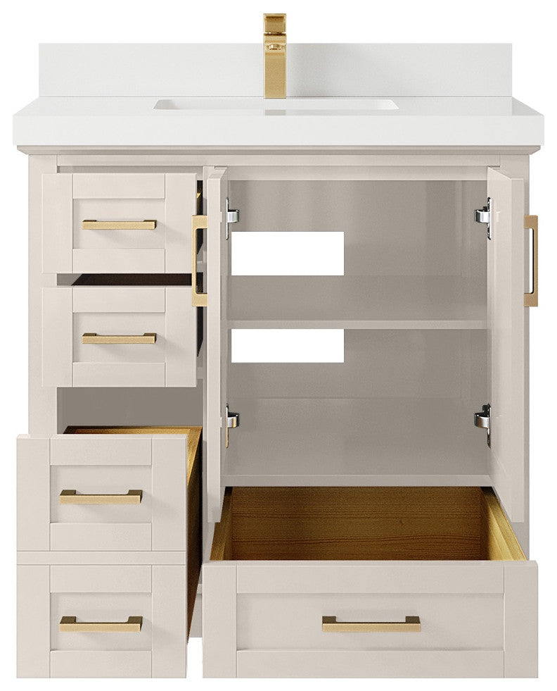 Boston 36" Center Sink Bath Vanity in Fine Grain 2" White Quartz