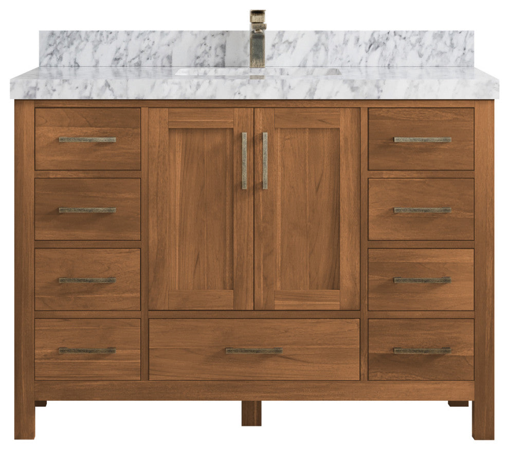 Malibu Teak 48 Single Sink Bath Vanity in Golden Teak 2" Carrara Marble