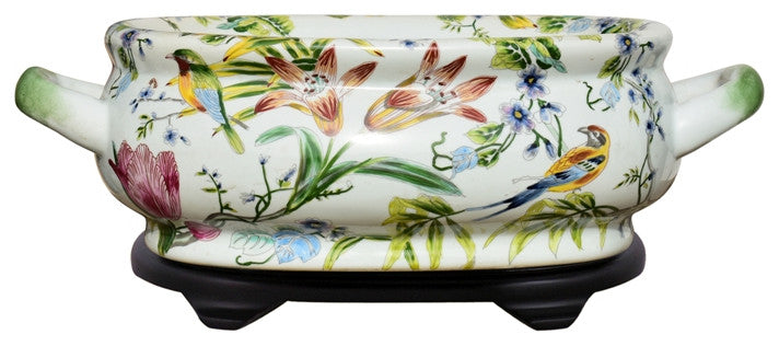 Multi Color Porcelain Foot Bath Basin Chinese Floral Bird Motif With Stand