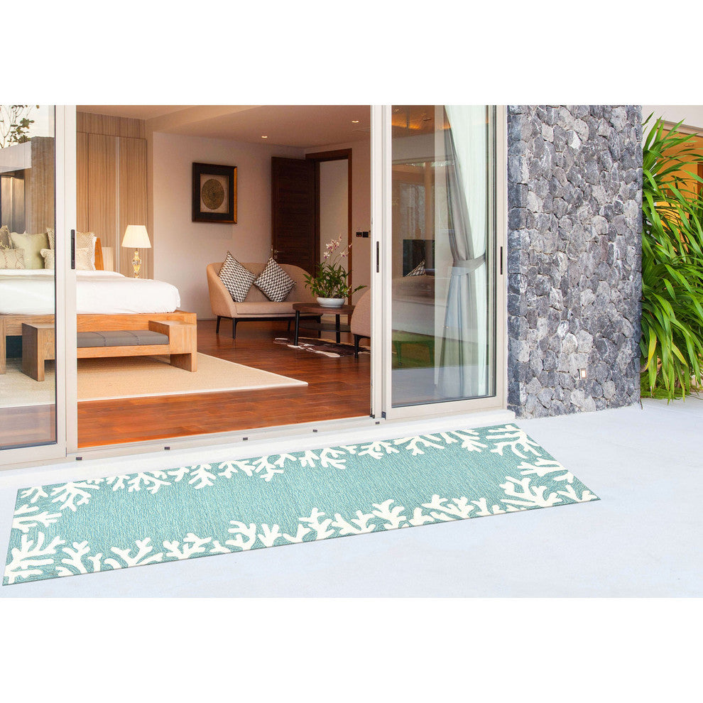 Capri Coral Border Indoor/Outdoor Rug, Aqua, 2'x8' Runner