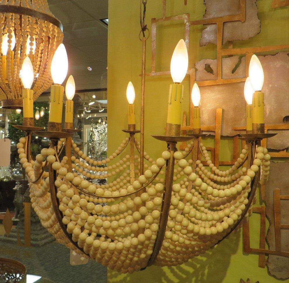 Romantic Iron Cream Beaded Umbrella Dome Chandelier, Victorian 8-Light Baroque