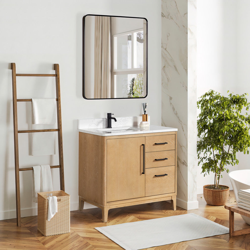 Gara Bath Vanity, Stone Top, Washed Ash Grey, 36", Single Vanity, No Mirror
