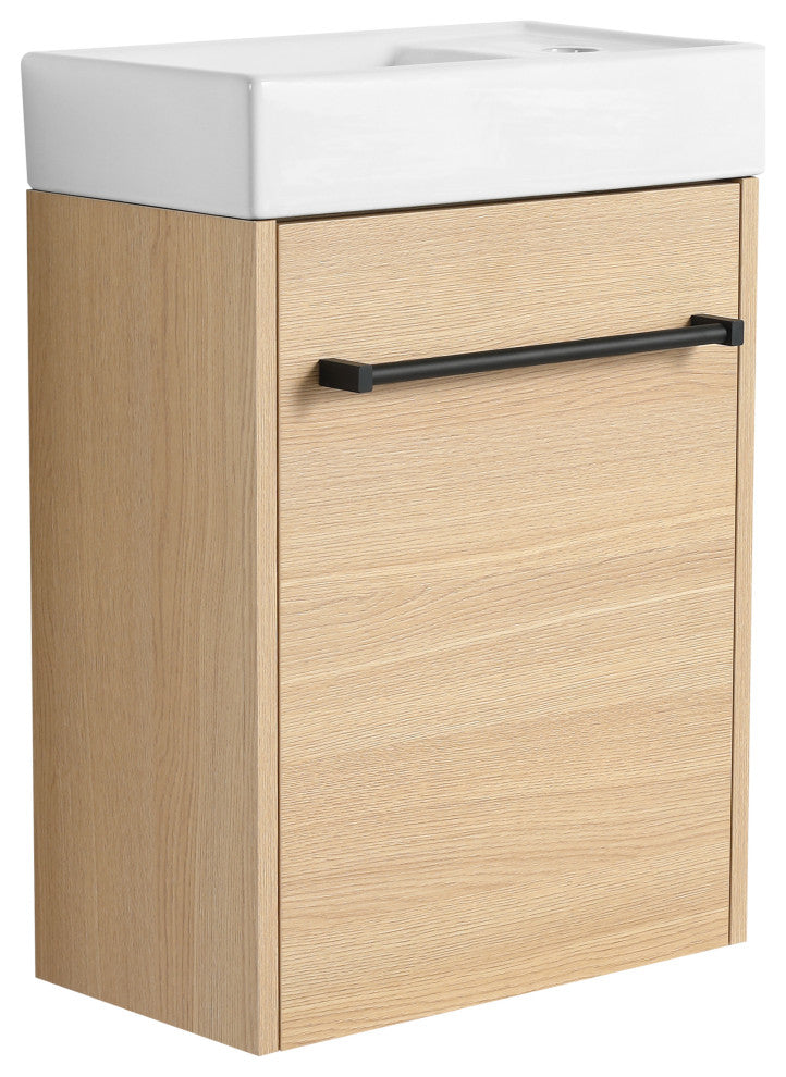 GDF Studio 16" Wall-Mounted Vanity, Ceramic Sink & Soft-Close Cabinet, Light Oak