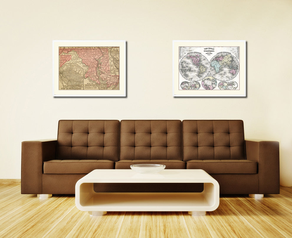 Maryland Old Map Print On Canvas With Picture Frame Art Collection 16" X 21"