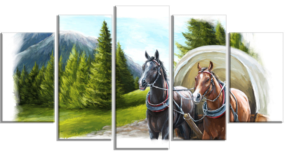 "Road in Mountains With Horses" Landscape Wall Art, 5 Panels, 60"x32"