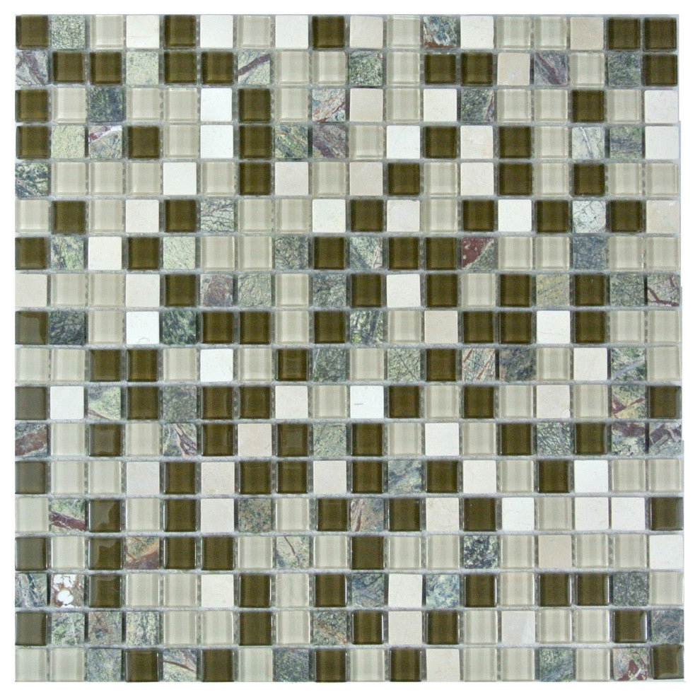 Crystal Stone 12"x12" Glass and Stone Square Mosaic Tile,Forest Walk, Single Sheet
