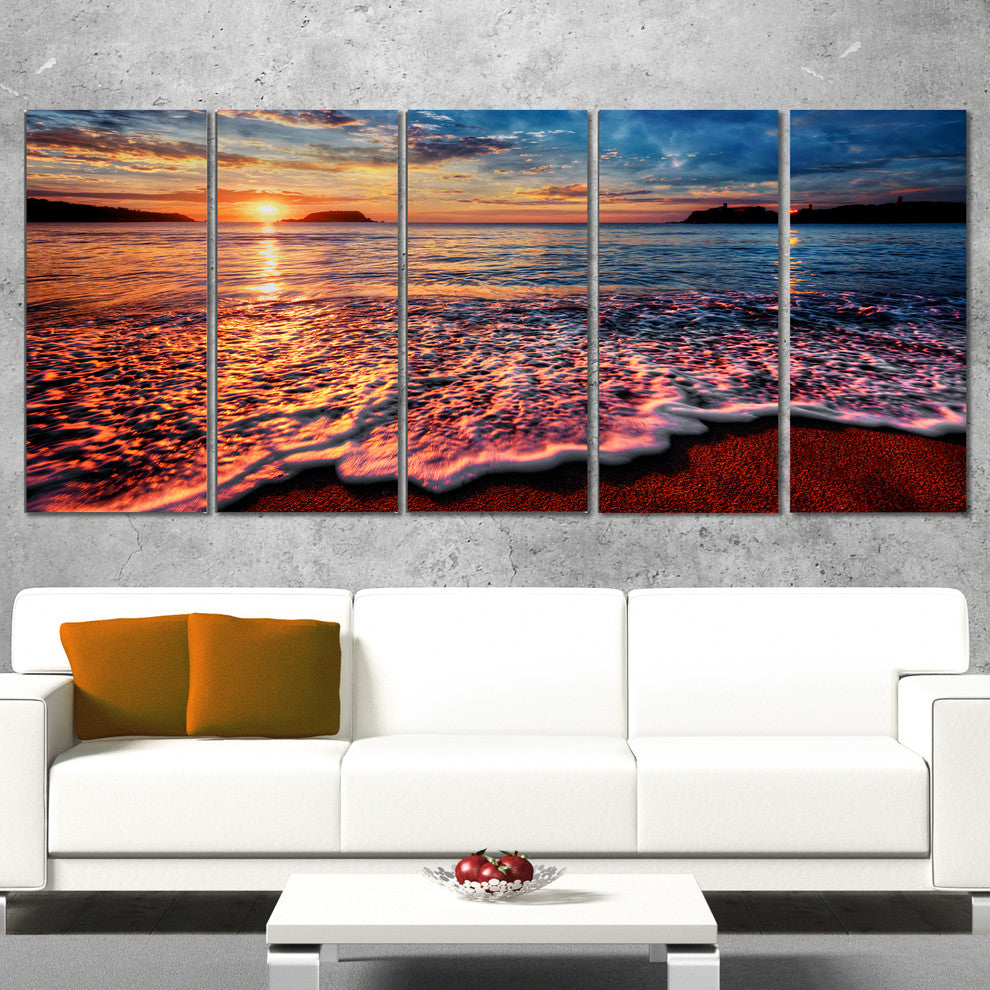 "Peaceful Evening Beach View" Seashore Canvas Wall Art, 5 Panels, 60"x28"