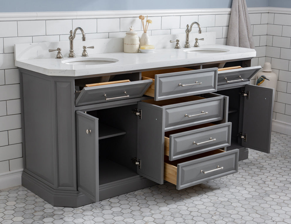 72" Palace Quartz Cashmere Gray Vanity With Hardware, Faucets in Polished Nickel