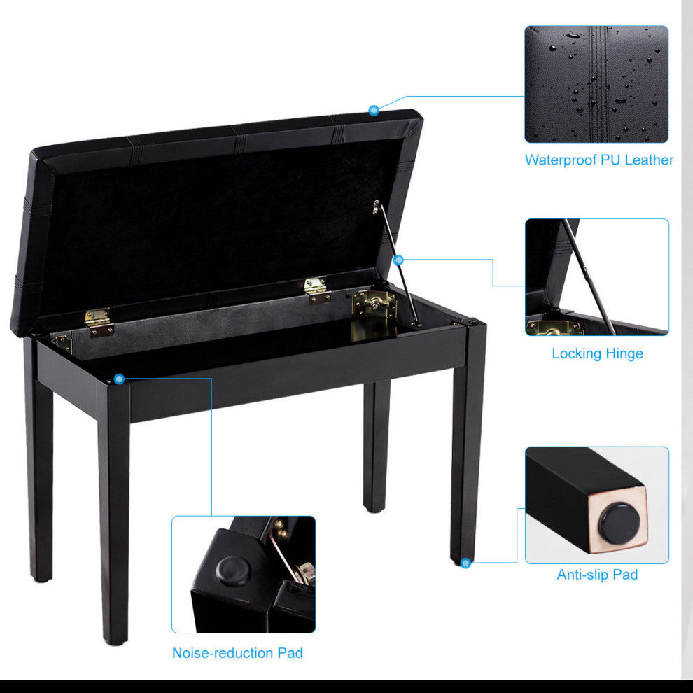 Costway Solid Wood PU Leather Piano Bench Padded Double Duet Seat Storage Black