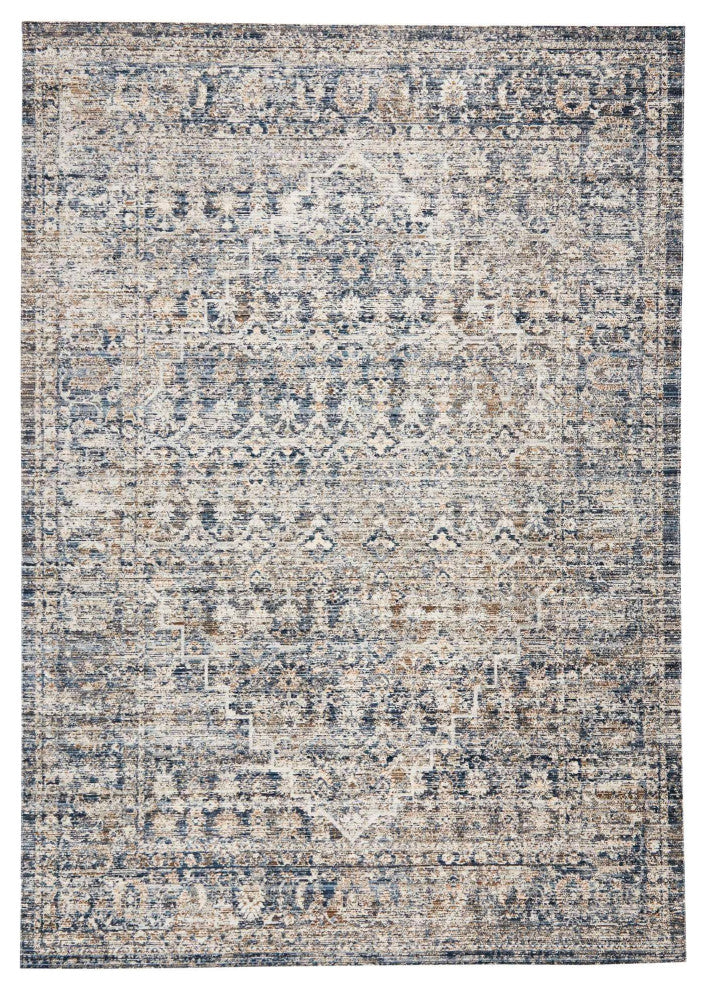Ava Distressed Arabesc Area Rug, Navy, 5'x7'6"